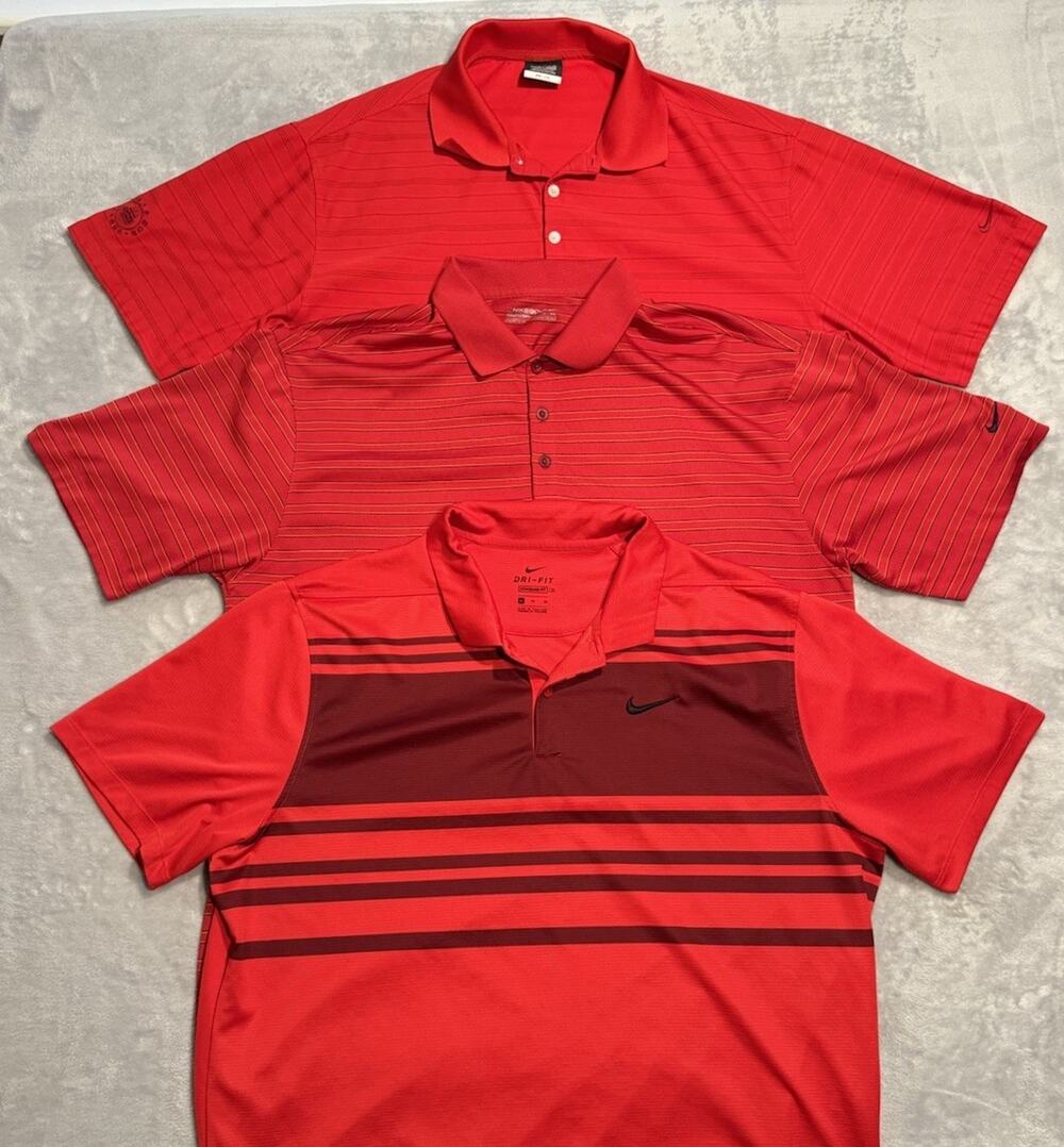 Lot 3 XL Men's Nike Dri-FIT Striped Golf Polo Shirt Moisture Wicking Red Vented